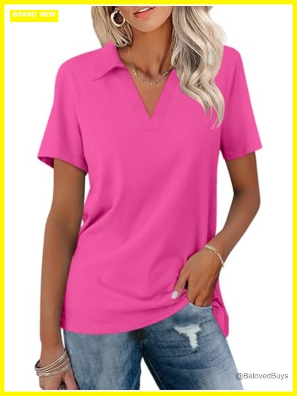 Women's V-Neck Polo Shirt Short Sleeve Slim Fit Business Casual Summer Top